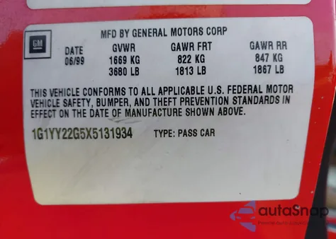 1999 Chevrolet Corvette from USA, damaged, VIN 1G1YY22G5X5131934